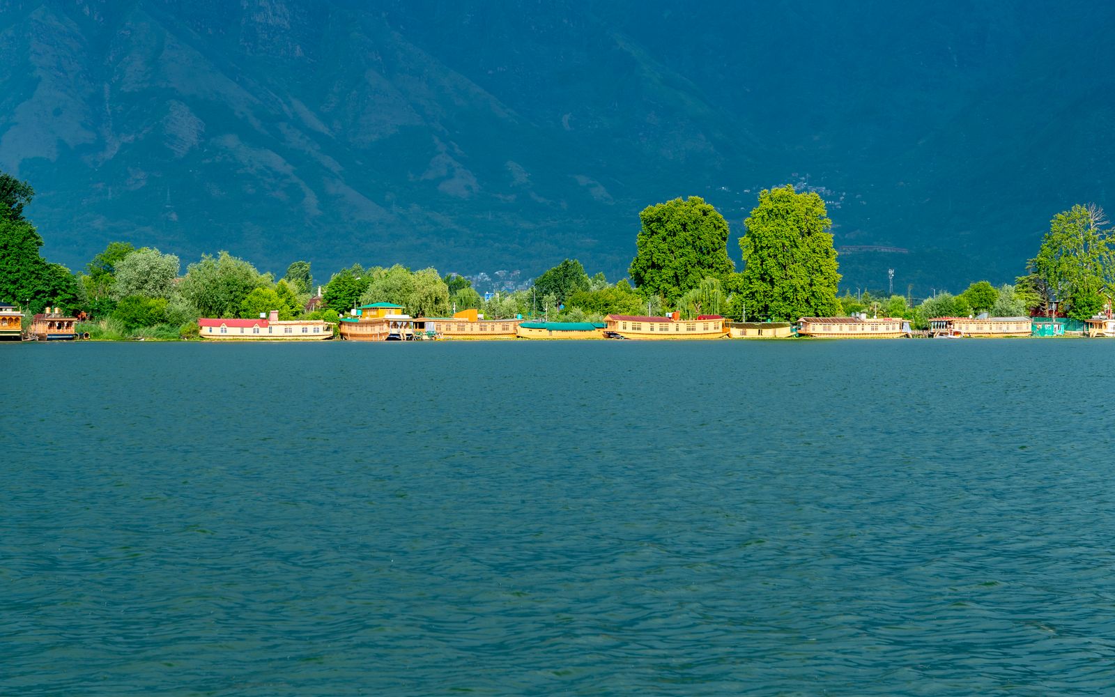 Houseboats on Dal Lake in Srinagar with mountains in the background.